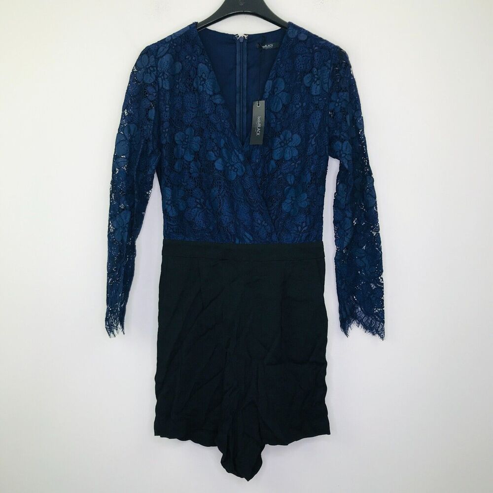 Bobi Black Women's Small Romper Blue Black Long Sleeve Lace Surplice NWT BK21